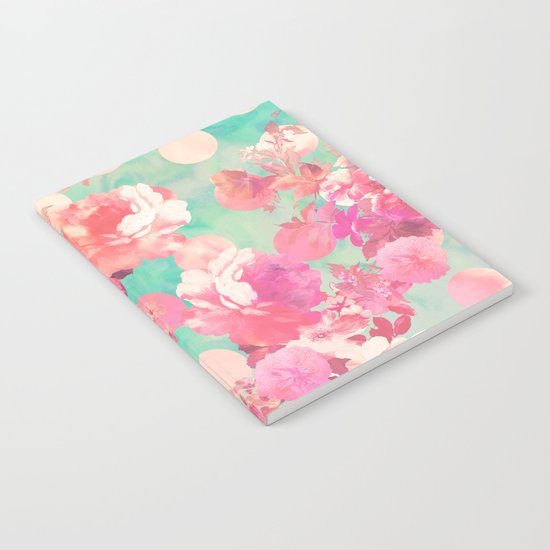 Romantic Pink Retro Floral Pattern Teal Polka Dots Notebook