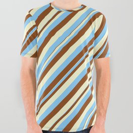 [ Thumbnail: Light Yellow, Light Sky Blue & Brown Colored Pattern of Stripes All Over Graphic Tee ]