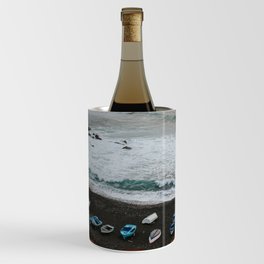 Fishing boats on a black sand beach - minimalist Landscape Photography Art Print Wine Chiller