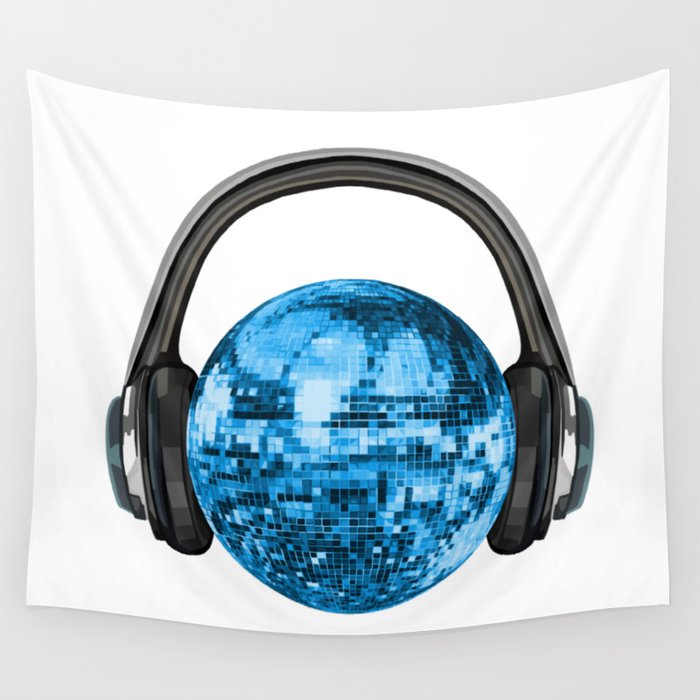 1970s Blue Disco Ball with Headphones Wall Tapestry