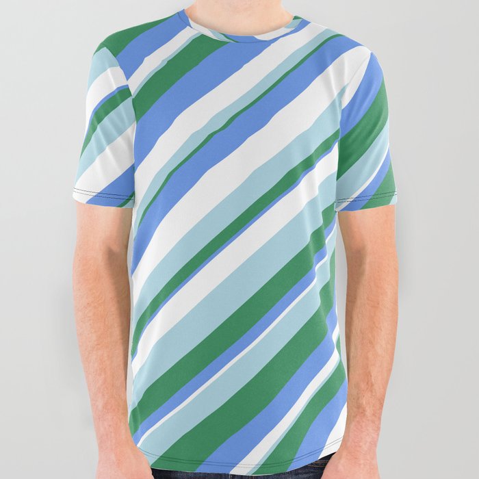 Sea Green, Cornflower Blue, White & Light Blue Colored Striped/Lined Pattern All Over Graphic Tee