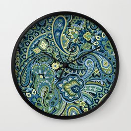 Paisley Forest Green Wall Clock | Barbarapixton, Yellow, Contemporary, Largescale, Intricate, Periwinkle, Forestgreen, Ornate, Boho, Paisley 