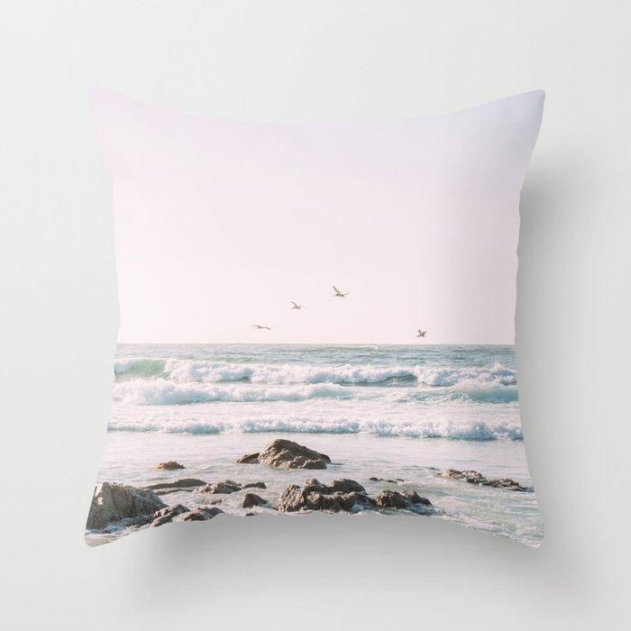 Pelicans at Sunset | Birds in Flight | Big Sur California Coast | Ocean Waves Landscape Photo Throw Pillow