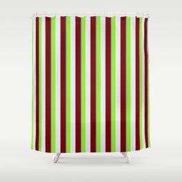 [ Thumbnail: Vibrant Teal, Tan, Chartreuse, Lavender & Maroon Colored Striped/Lined Pattern Shower Curtain ]