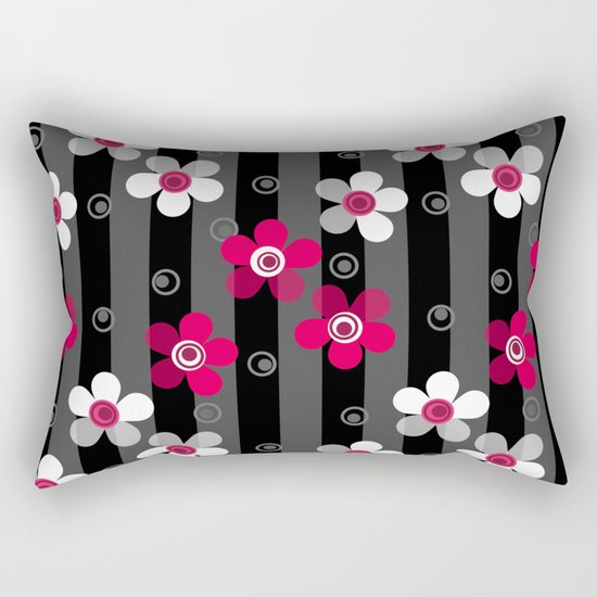 Crimson and white flowers on a black striped background Rectangular Pillow