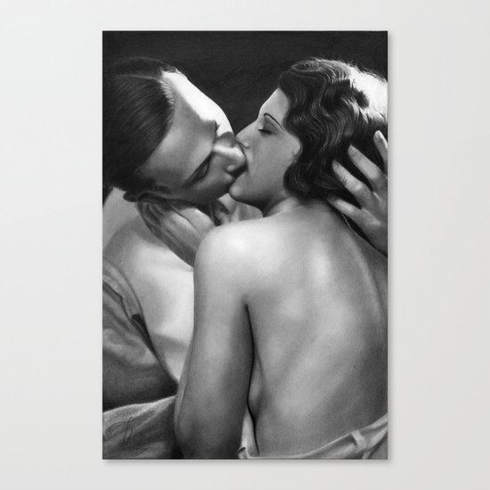 Kissing vintage couple - photorealistic pencil drawing Canvas Print
