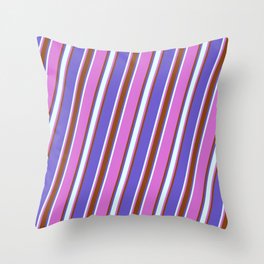 [ Thumbnail: Orchid, Brown, Slate Blue, and Light Cyan Colored Stripes Pattern Throw Pillow ]