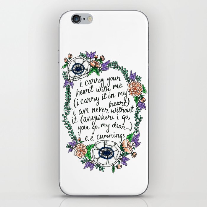Hand-lettered e.e. cummings quote with floral wreath iPhone Skin