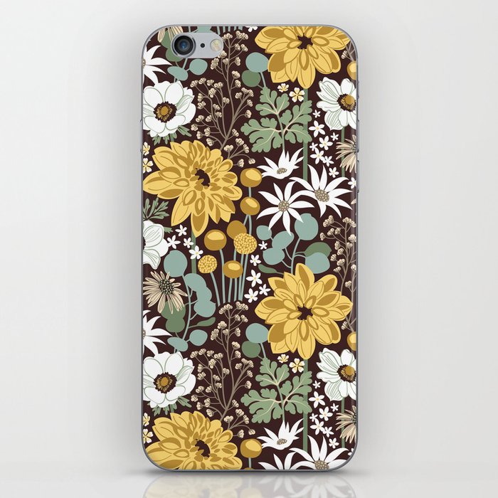 Boho garden // expresso brown background sage green yellow ivory and white flowers  iPhone Skin