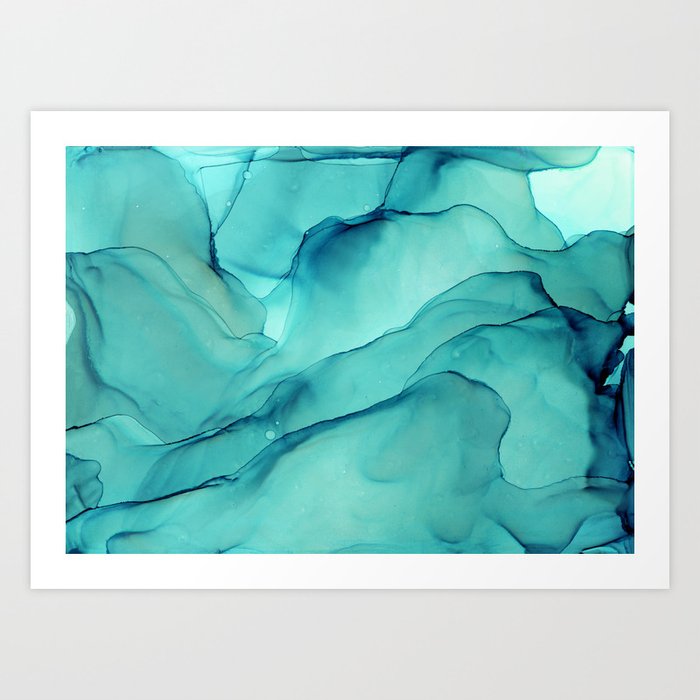 Turquoise Ink Waves Abstract Alcohol Ink Art Print