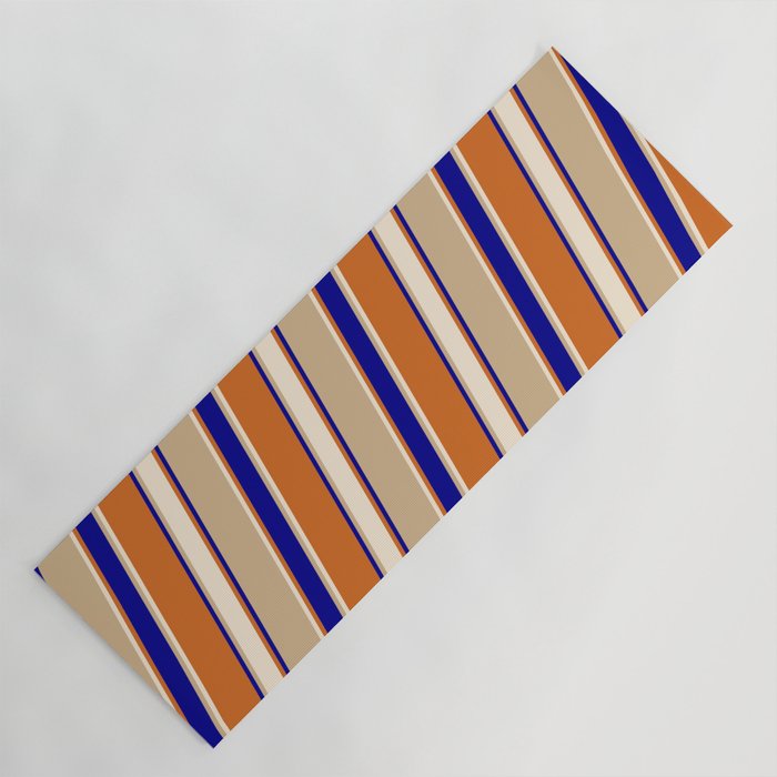 Tan, Beige, Chocolate & Dark Blue Colored Lines Pattern Yoga Mat