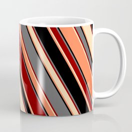 [ Thumbnail: Eye-catching Dim Grey, Dark Red, Tan, Coral, and Black Colored Striped Pattern Coffee Mug ]