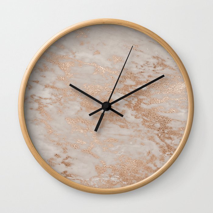 Rose Gold Copper Glitter Metal Foil Style Marble Wall Clock