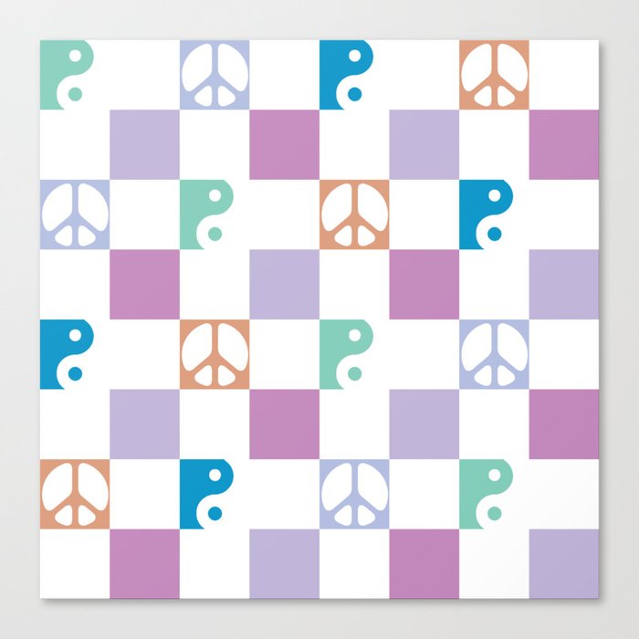 Checkered Peace Symbol & Yin Yang Pattern \\ Funky Multicolor Canvas Print