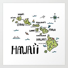 Hawaii Illustrated Map Color Art Print
