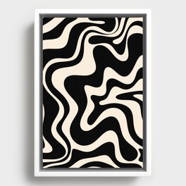 Retro Liquid Swirl Abstract in Black and Almond Cream  Framed Canvas