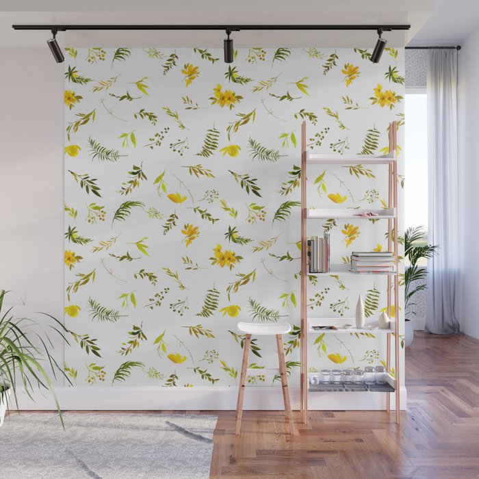 Tropical yellow green watercolor modern leaves floral Wall Mural