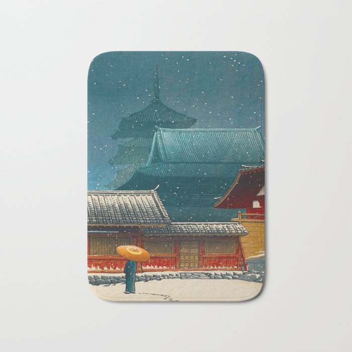 Vintage Japanese Woodblock Print Japanese Red Shinto Shrine Pagoda Winter Snow Bath Mat