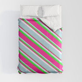 [ Thumbnail: Lime, Deep Pink, White & Light Blue Colored Pattern of Stripes Comforter ]