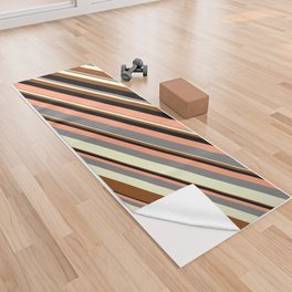 [ Thumbnail: Colorful Light Salmon, Grey, Light Yellow, Brown, and Black Colored Stripes Pattern Yoga Towel ]