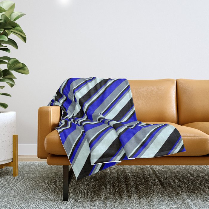 Blue, Light Slate Gray, Light Cyan, and Black Colored Lined/Striped Pattern Throw Blanket