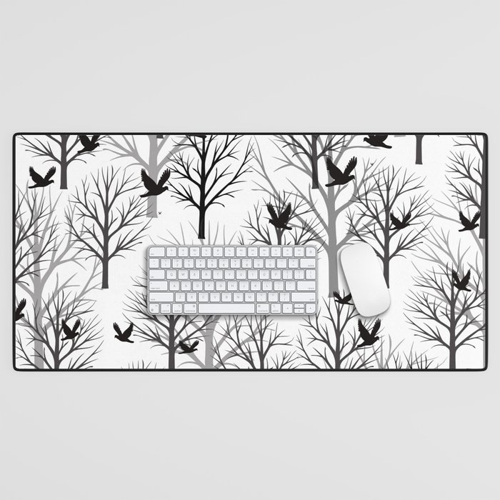 Winter Tree with Birds - white Background Desk Mat