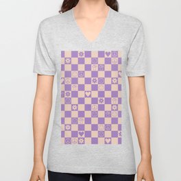 Happy Checkered pattern lilac V Neck T Shirt