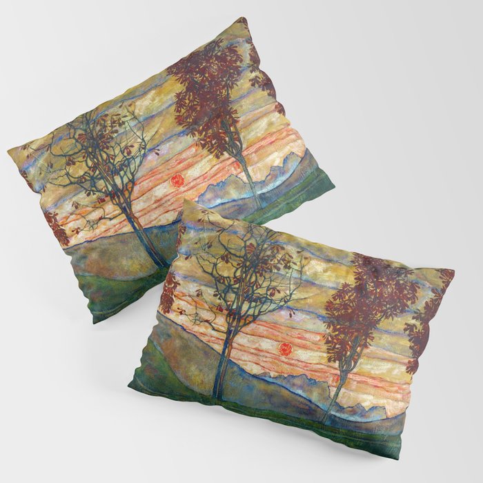 Four Trees with Red Leaves at Sunrise landscape painting by Egon Schiele Pillow Sham