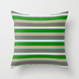 [ Thumbnail: Dim Gray, Tan, Green & Lavender Colored Pattern of Stripes Throw Pillow ]