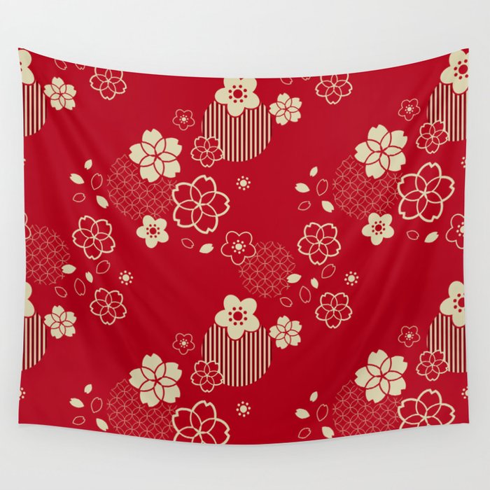Red Asian pattern with spring flowers Wall Tapestry