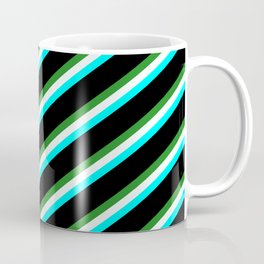 [ Thumbnail: Forest Green, Mint Cream, Cyan & Black Colored Striped Pattern Coffee Mug ]