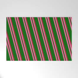 [ Thumbnail: Hot Pink, Dark Green & Crimson Colored Lines Pattern Welcome Mat ]