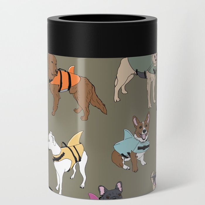 Dog Sharks (dogs in lifejackets) on olive green background Can Cooler
