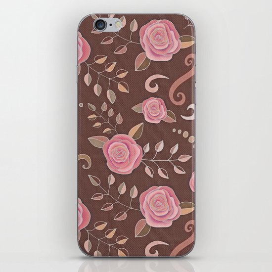 Coffee Roses - vintage rose pattern in pink and brown iPhone Skin