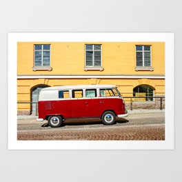 Camper Van Parked By A Yellow Building Art Print | Building, Street, Camper, Red, Parked, Color, Hill, Classic, City, Window 