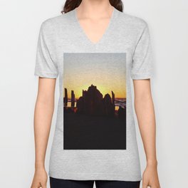 Seaside Sunset behind the wharf remains V Neck T Shirt