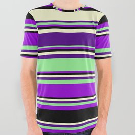 [ Thumbnail: Eyecatching Light Yellow, Indigo, Light Green, Dark Violet & Black Colored Stripes/Lines Pattern All Over Graphic Tee ]