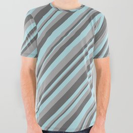 [ Thumbnail: Dim Grey, Powder Blue, and Dark Grey Colored Striped Pattern All Over Graphic Tee ]