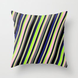 [ Thumbnail: Eye-catching Midnight Blue, Light Green, Pink, Dim Grey, and Black Colored Striped Pattern Throw Pillow ]