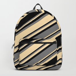 [ Thumbnail: Black, Grey & Beige Colored Striped Pattern Backpack ]