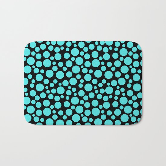 Turquoise polka dots on a black background. Bath Mat