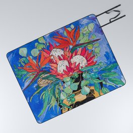 Tropical Protea Bouquet with Toucans in Greek Horse Urn on Ultramarine Blue Picnic Blanket