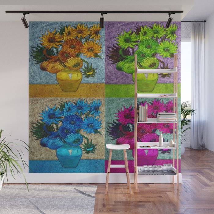 Vincent van Gogh Twelve Sunflowers in a vase still life colorful four-color collage portrait painting with pink, blue, and green sunflowers Wall Mural