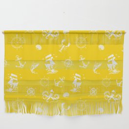 Yellow And White Silhouettes Of Vintage Nautical Pattern Wall Hanging