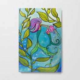 Mermaid Mama Ocean Art by Lauren Tannehill Art Metal Print | Mermaid, Fourmermaids, Nurserydecor, Mermaidmama, Mermaidbabies, Californiamermaid, Magicalmermaid, Surfart, Mermaidswimming, Painting 