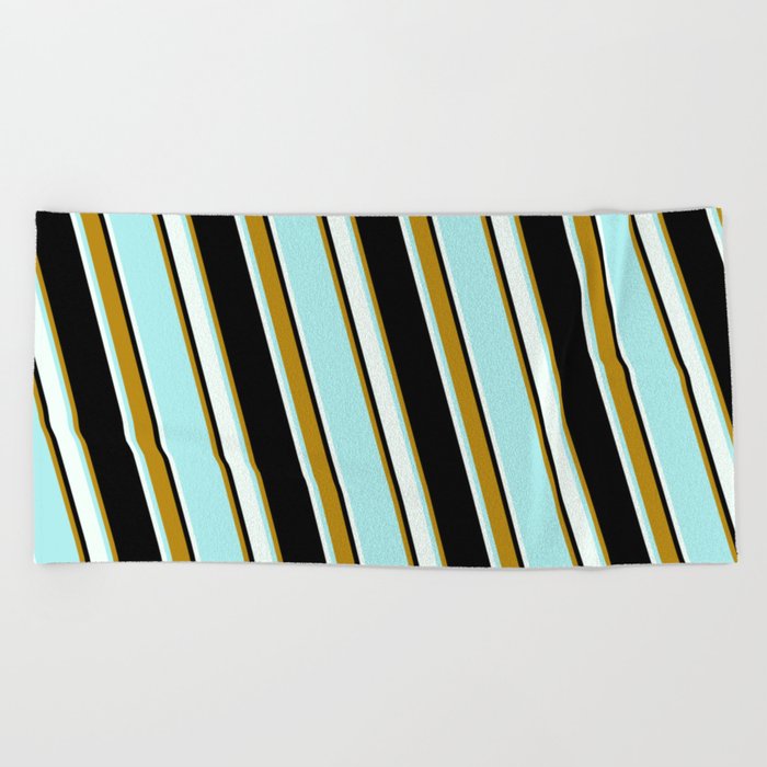 Black, Dark Goldenrod, Turquoise & Mint Cream Colored Lined Pattern Beach Towel