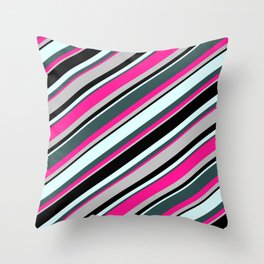[ Thumbnail: Colorful Light Cyan, Dark Slate Gray, Deep Pink, Grey & Black Colored Lines/Stripes Pattern Throw Pillow ]