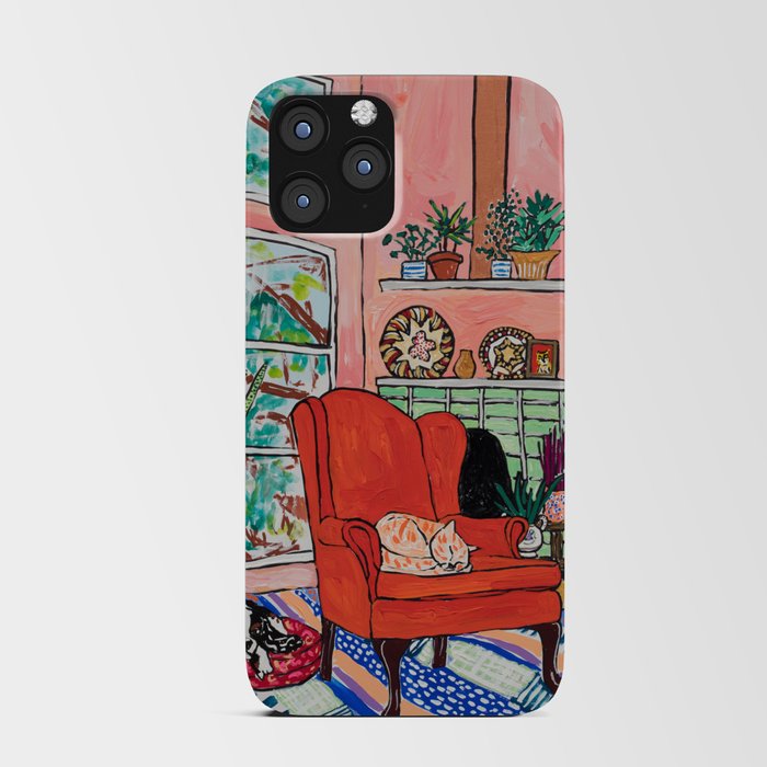 Red Armchair in Pink Interior with Houseplants, Ginger Cat, and Spaniel Interior Painting iPhone Card Case