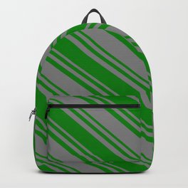 [ Thumbnail: Green & Gray Colored Stripes Pattern Backpack ]