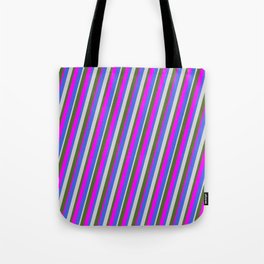 [ Thumbnail: Royal Blue, Light Grey, Dark Olive Green, and Fuchsia Colored Stripes Pattern Tote Bag ]